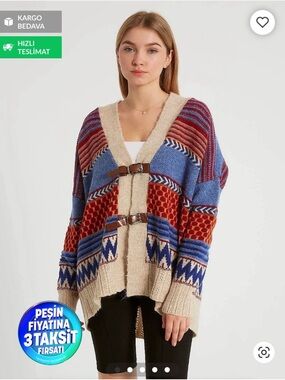 Vintage Bouclé Cardigan in Blue, Red, Cream with Geometric Stripes
